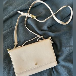 Pale pink leather crossbody wallet purse Tory Burch.